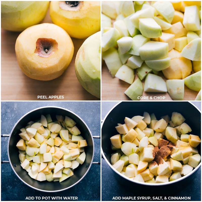 Nothing beats Homemade Applesauce and it's surprisingly quick & easy to make! Recipe via chelseasmessyapron #snack #quick #easy #simple #fallrecipes #babyfood #kidfriendly #afterschoolsnack #homemade #applesauce Process shots-- images of the apples being peeled, chopped, added to the pot and the maple syrup, salt, and cinnamon being added