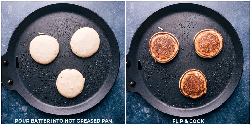 These Applesauce Pancakes are going to blow you away! Not only are they packed with good-for-you ingredients they're also so easy to make. Recipe via chelseasmessyapron #healthy #quick #easy #simple #betteringredients #best #familyfriendly #kidfriendly #brunch #breakfast #applesauce #pancakes Process shots of Applesauce Pancakes- images of the pancakes being cooked