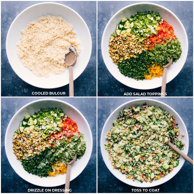 This Bulgur Salad is a powerhouse recipe -- packed with so much texture and flavor! Cooked and cooled bulgur wheat gets tossed with crisp cucumbers, sweet bell pepper, dried apricots, salty pistachios, and a vibrant herb blend. The fresh lemon-mint dressing finished everything off beautifully! Recipe via ChelseasMessyApron.com #tabouli #bulgur #wheat #wholegrain #salad #lemony #minty #vegetarian Process shots: add salad toppings to the cooled bulgur; drizzle on dressing; toss to coat