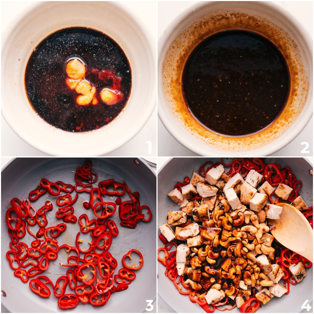 How To Make This Cashew Chicken Recipe The sauce for this cashew chicken recipe being whisked together and then the peppers being sautéed and then the chicken, cashews, and sauce added in.