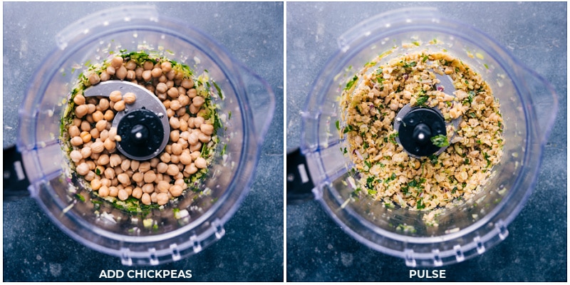 Curried Chickpea Salad complete with curry-seasoned chickpeas, a myriad of veggies, and the best dressing. This salad can be ready in 15 minutes or less and is delicious on its own and divine in some pita with lettuce. Recipe via chelseasmessyapron #dinner #lunch #quick #easy #simple #best #healthy #vegetarian #curried #chickpea #salad Process shots of Curried Chickpea Salad-- images of the chickpeas being added and pulsed together