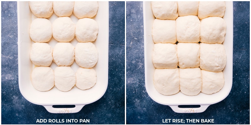The best dinner rolls are made easy with NO stand mixer, no hand mixer, and no kneading required! These rolls rise high with big soft centers and perfectly crisp edges. Yes, really, these rolls are life-changing! Recipe via chelseasmessyapron #appetizer #familyfriendly #noknead #thanksgiving #best #easy #simple #kidfriendly #dinner #rolls Process shots-- images of the rolls rising in the pan