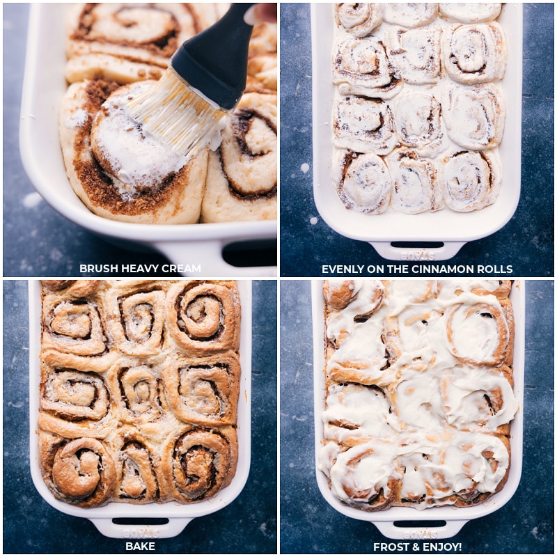 These are truly life-changing! No-Knead Cinnamon Rolls are made easy with no stand mixer or hand mixer, and no kneading required! These dessert sweet rolls rise high -- they're big and fluffy with sweet cinnamon centers and the most luscious cream cheese frosting. Recipe via ChelseasMessyApron.com #cinnamonrolls #noknead #lifechanging #sweetrolls #shortcut #breakfast #dessert Process shots: Brush heavy cream over unbaked rolls; bake; frost and serve