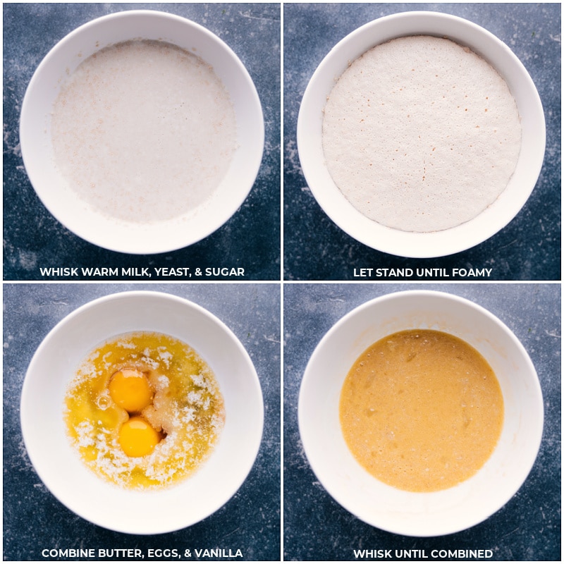 These are truly life-changing! No-Knead Cinnamon Rolls are made easy with no stand mixer or hand mixer, and no kneading required! These dessert sweet rolls rise high -- they're big and fluffy with sweet cinnamon centers and the most luscious cream cheese frosting. Recipe via ChelseasMessyApron.com #cinnamonrolls #noknead #lifechanging #sweetrolls #shortcut #breakfast #dessert Whisk milk, yeast and sugar; let stand; combine butter, eggs and vanilla; whisk to combine