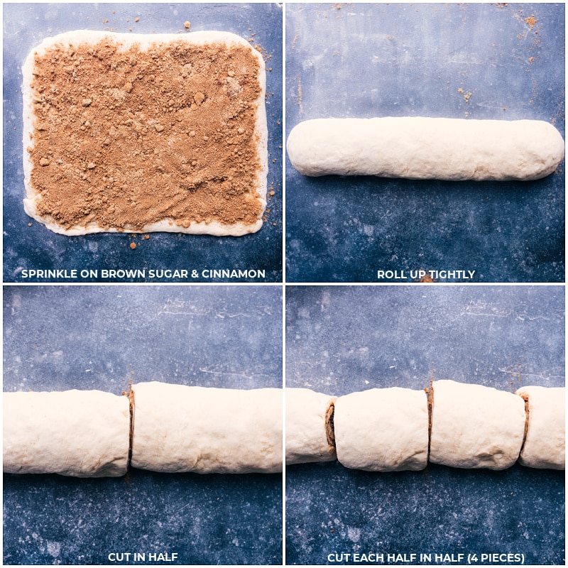 These are truly life-changing! No-Knead Cinnamon Rolls are made easy with no stand mixer or hand mixer, and no kneading required! These dessert sweet rolls rise high -- they're big and fluffy with sweet cinnamon centers and the most luscious cream cheese frosting. Recipe via ChelseasMessyApron.com #cinnamonrolls #noknead #lifechanging #sweetrolls #shortcut #breakfast #dessert Process shots: sprinkle on brown sugar and cinnamon; roll tightly; cut in half; then cut into smaller pieces