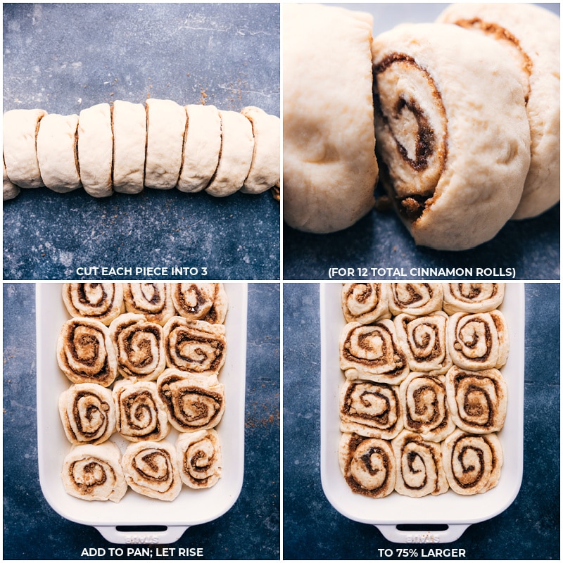 These are truly life-changing! No-Knead Cinnamon Rolls are made easy with no stand mixer or hand mixer, and no kneading required! These dessert sweet rolls rise high -- they're big and fluffy with sweet cinnamon centers and the most luscious cream cheese frosting. Recipe via ChelseasMessyApron.com #cinnamonrolls #noknead #lifechanging #sweetrolls #shortcut #breakfast #dessert Process shots: cut dough into individual rolls; add to the pan; let rise again