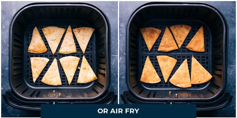 Homemade Pita Chips are the best! These big, thick, and crunchy chips are the perfect vehicle for a good dip and the ultimate addition to a fun Mediterranean spread. Recipe via chelseasmessyapron #appetizer #best #quick #easy #simple #snacks #pita #chips Process shots-- images of the Pita Chips being air fried