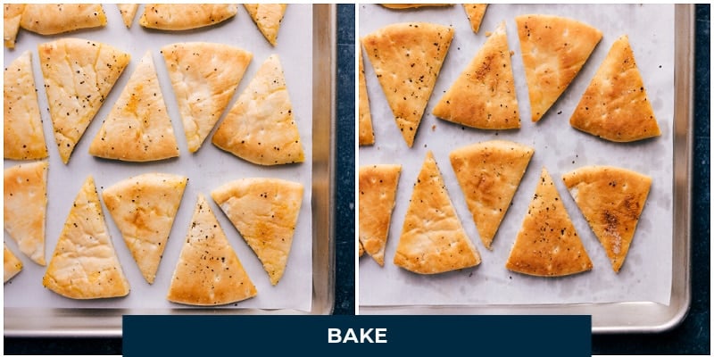 Homemade Pita Chips! These big, thick, and crunchy chips are the perfect vehicle for a good dip and the ultimate addition to a fun Mediterranean spread. Recipe via chelseasmessyapron #appetizer #best #quick #easy #simple #snacks #pita #chips The cut triangles going into the oven to bake.