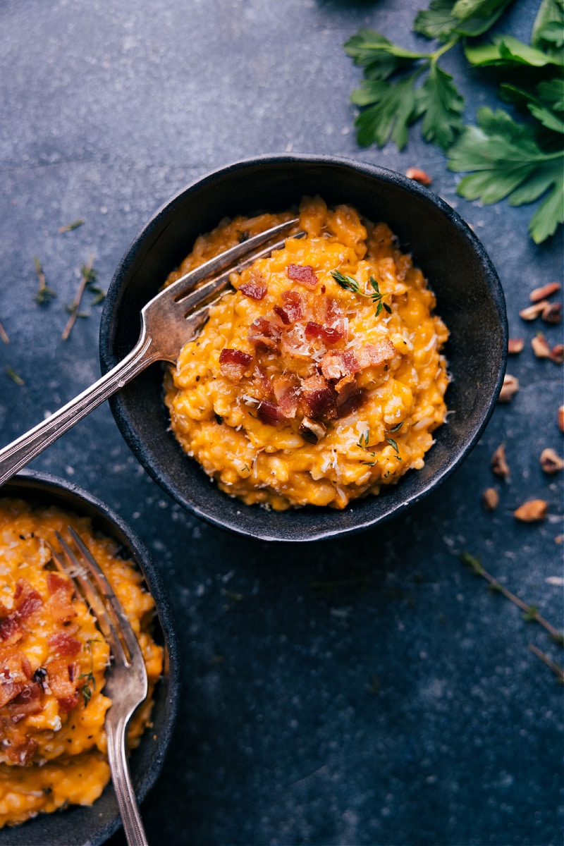 This Sweet Potato Risotto changes the risotto game! If you think risotto is reserved for fancy restaurants or a night where you have loads of time to sit at a stovetop and stir, then you've got to try this recipe! The rice cooks up in only SIX minutes to a perfect creamy consistency. Recipe via chelseasmessyapron #dinner #quick #easy #simple #best #pasta #instantpot #comfortfood #sweetpotato #risotto Overhead image of the sweet potato risotto