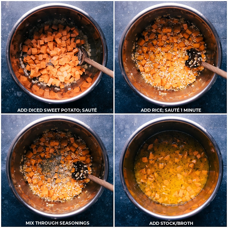 This insanely easy Sweet Potato Risotto changes the risotto game! If you think risotto is reserved for fancy restaurants or a night where you have loads of time to sit at a stovetop and stir, then you've got to try this recipe! The rice cooks up in only SIX minutes to a perfect creamy consistency. Recipe via chelseasmessyapron #dinner #quick #easy #simple #best #pasta #instantpot #comfortfood #sweetpotato #risotto Process shots--images of the sweet potatoes, rice, seasonings, and chicken stock being added and cooked together