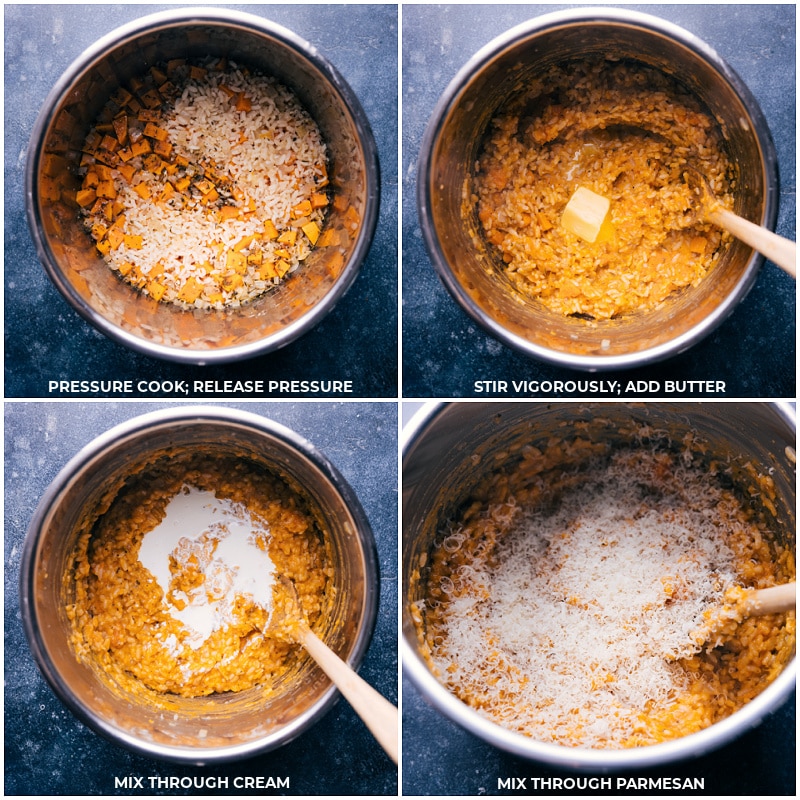 This Sweet Potato Risotto changes the risotto game! Recipe via chelseasmessyapron #dinner #quick #easy #simple #best #pasta #instantpot #comfortfood #sweetpotato #risotto Process shots of sweet potato risotto-- images of the butter, cream, and parmesan cheese being added and mixed together