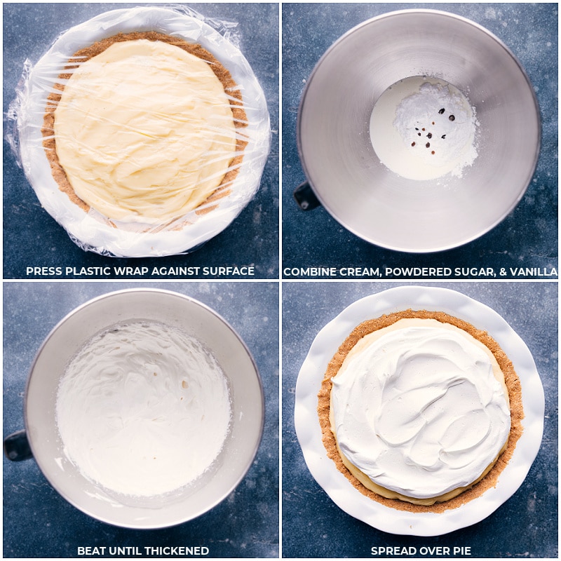 This insanely delicious Banana Cream Pie is a show-stopper! A buttery graham cracker crust is filled with a creamy banana custard and finished off with sweetened whipped cream. Recipe via chelseasmessyapron #dessert #best #quick #easy #simple #treat #thanksgiving #familyfriendly #bananacream #pie Images of the dessert chilling and the whipped cream being whisked together and spread over the dessert