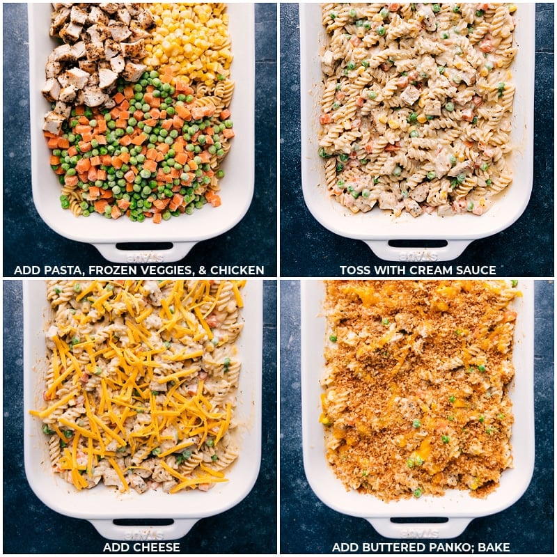 Chicken Noodle Casserole! This is the absolute best-ever version of the popular casserole--it's got loads of veggies, tender chicken, a cheesy cream sauce, and a crunchy topping. Recipe via chelseasmessyapron #dinner #quick #easy #simple #best #familyfriendly #kidfriendly #comfortfood #chickennoodle #casserole Process shots-- images of the pasta, veggies, chicken, cream sauce, cheese, and buttered panko being added to the dish