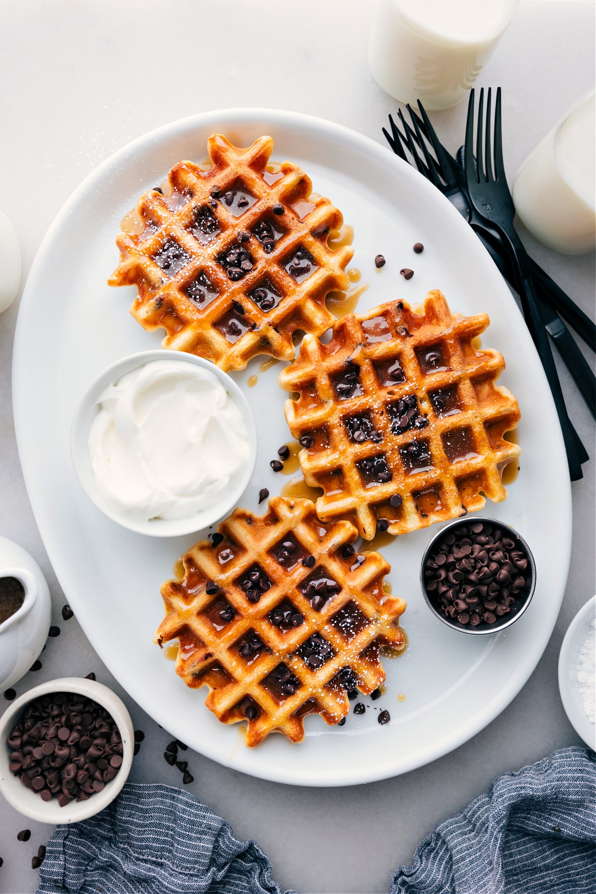 Chocolate Chip Waffles Chocolate Chip Waffles Recipe on a platter.