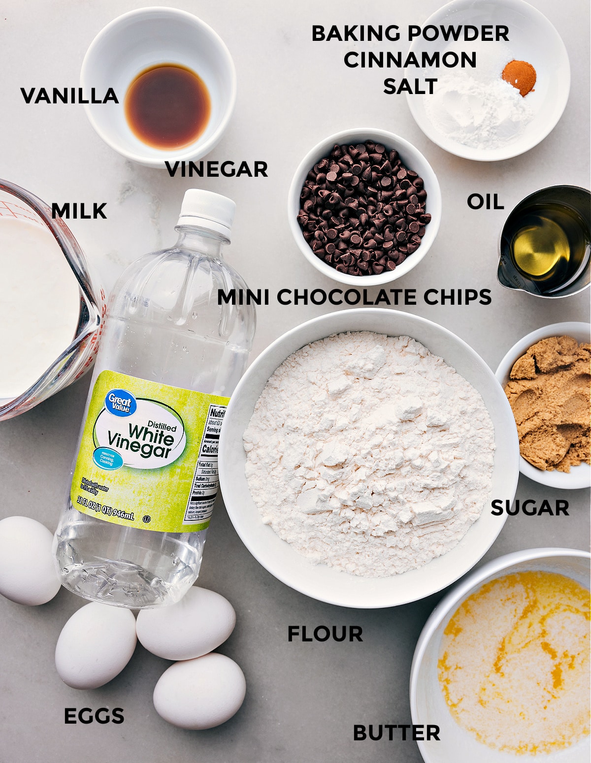 Ingredients In Chocolate Chip Waffles All the ingredients in this recipe prepped out for easy assembly.