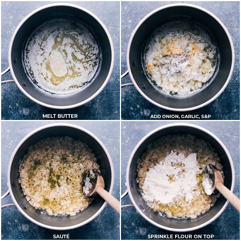 How To Make Funeral Potatoes Recipe Butter, garlic, onion, seasonings, and flour sauté in a pot for these funeral potatoes.