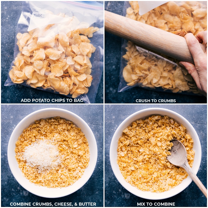 Crispy Crumb Topping For Funeral Potatoes The topping is made by crushing potato chips into fine crumbs, then mixing them with cheese and butter until combined.