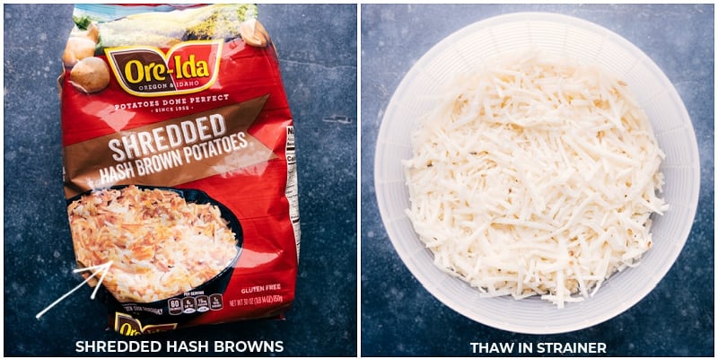 Potatoes Used In This Funeral Potatoes Recipe Shredded hashbrowns thaw in a strainer.