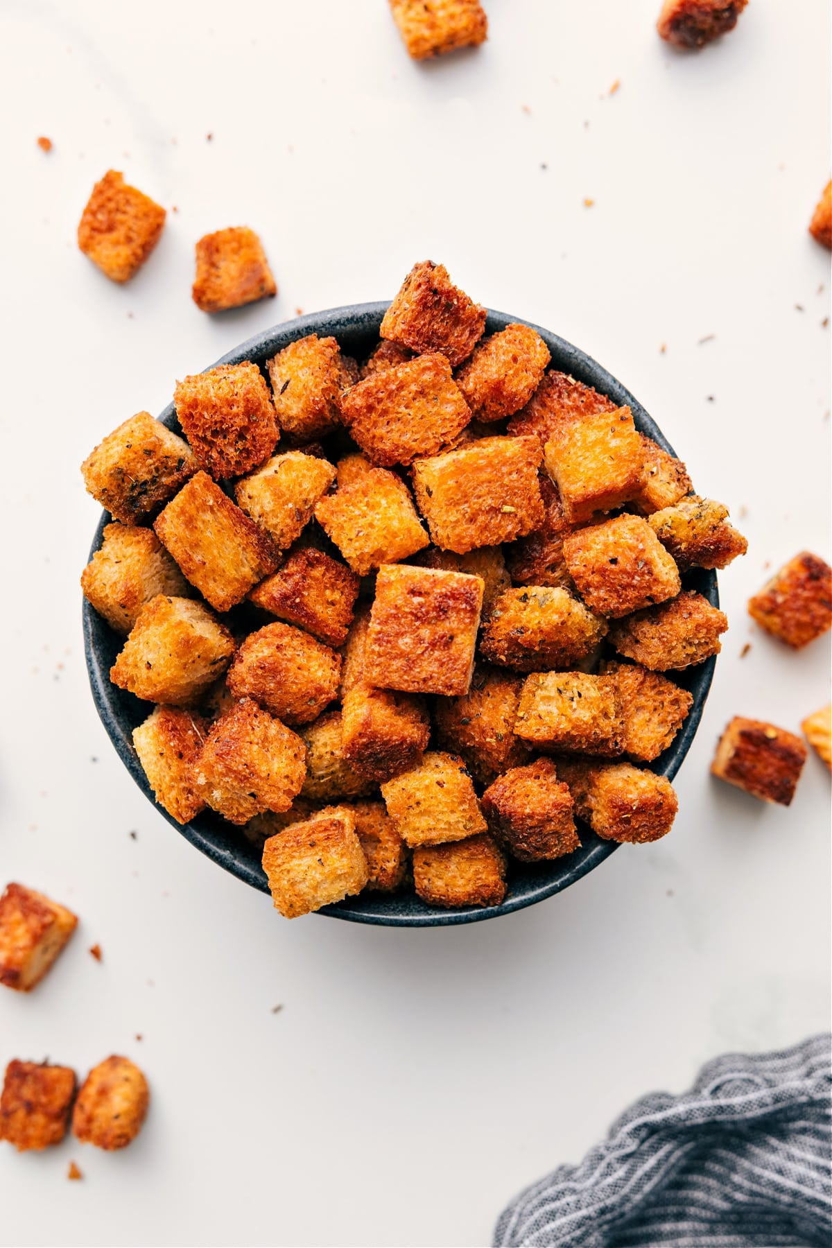 Bowl of homemade croutons, freshly made and ready to enjoy.
