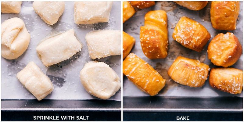 These Pretzel Bites are life changing! Brush 'em with butter and sprinkle with coarse salt or enjoy them dipped in cinnamon-sugar! Dip salted pretzels in an easy cheese sauce or cinnamon-sugar pretzels in a cream cheese glaze. Recipe via chelseasmessyapron #snack #quick #easy #simple #best #familyfriendly #kidfriendly #comfortfood #pretzel #bites #pretzelbites Overhead image of the Pretzel Bites being baked