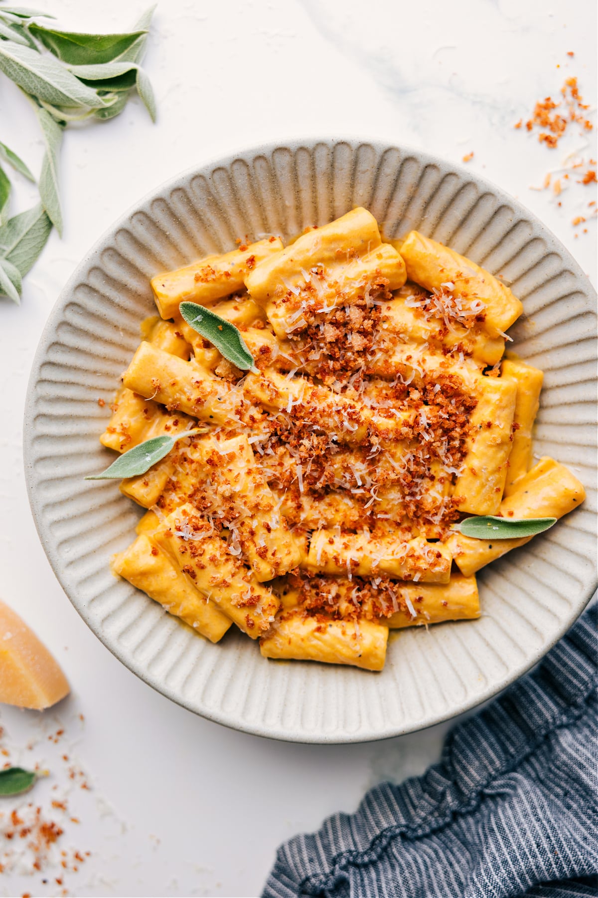 The Creamiest And Most Delicious Pumpkin Pasta Recipe Pumpkin Pasta Recipe served in a bowl, topped with golden crispy breadcrumbs and grated parmesan cheese.