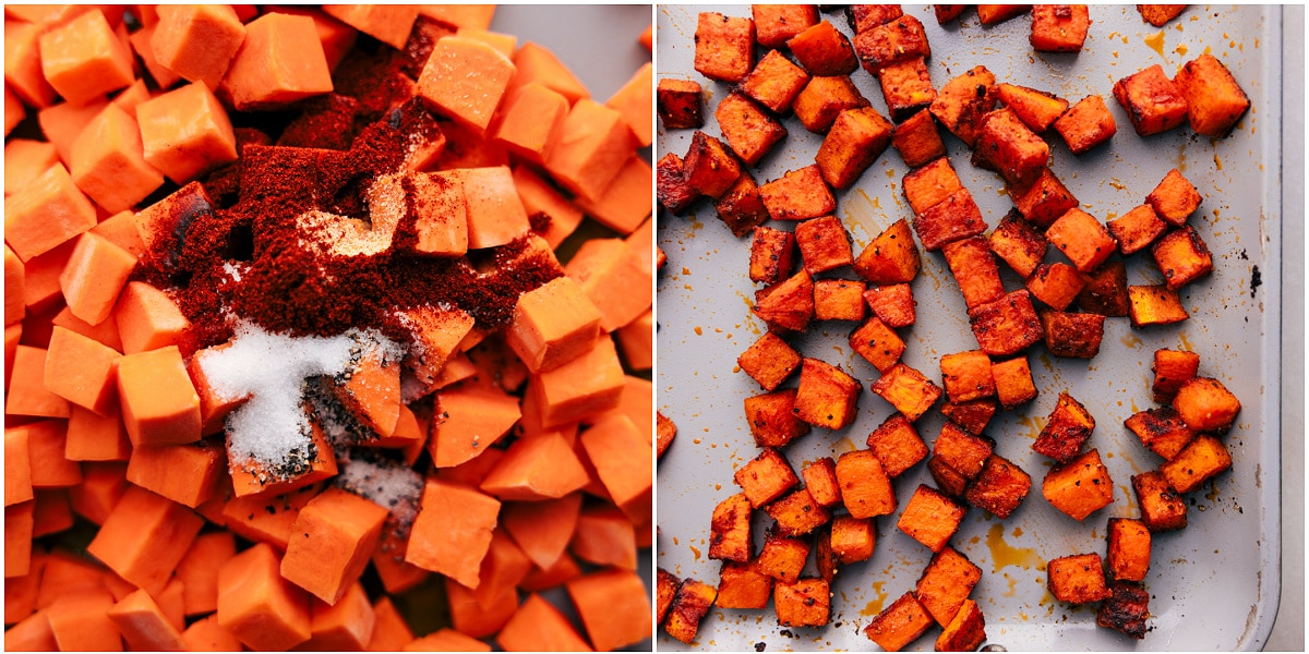 Roasting Sweet Potatoes To Crispy Perfection For Sweet Potato Black Bean Salad Sweet potatoes roasting on a sheet pan for this sweet potato black bean salad.