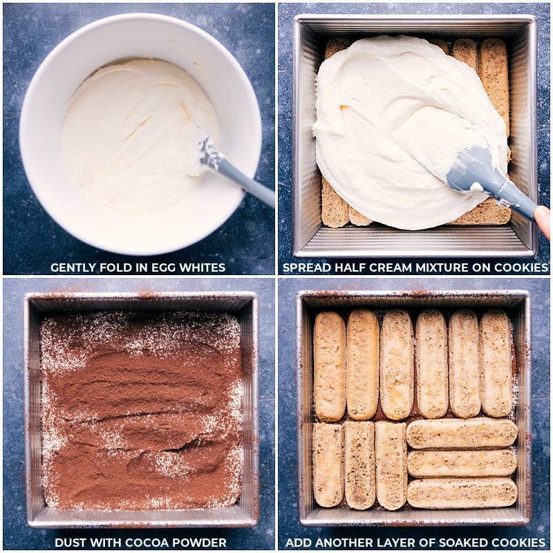 The Ultimate Layered Dessert: Tiramisu Recipe The layers being created for the Tiramisu and it dusted with cocoa powder.