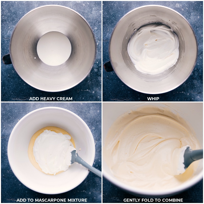 Adding Whipped Cream To The Cream Layer The heavy cream being whipped and then the whipped cream being added to the mascarpone mixture for this tiramisu recipe.