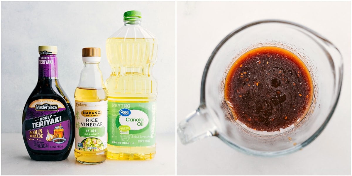 Making The Dressing For The Teriyaki Chicken Salad The simple 3-ingredient dressing Teriyaki Chicken Salad being whisked together.