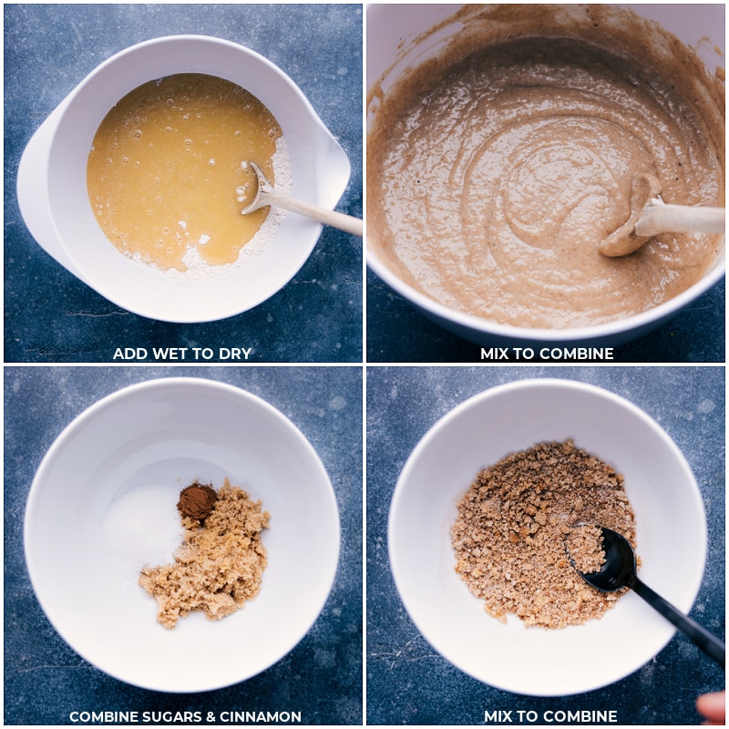 Homemade Applesauce Bread is ultra-moist, spiced, and completely delicious. This bread has an entire cup of applesauce in the batter giving it a strong apple flavor and wonderful texture. Recipe via chelseasmessyapron #dessert #best #quick #easy #simple #healthy #breakfast #brunch #quickbread #quickbreads #applesauce #bread Process shots applesauce bread-- images of the wet and dry ingredients being mixed together and the topping being made