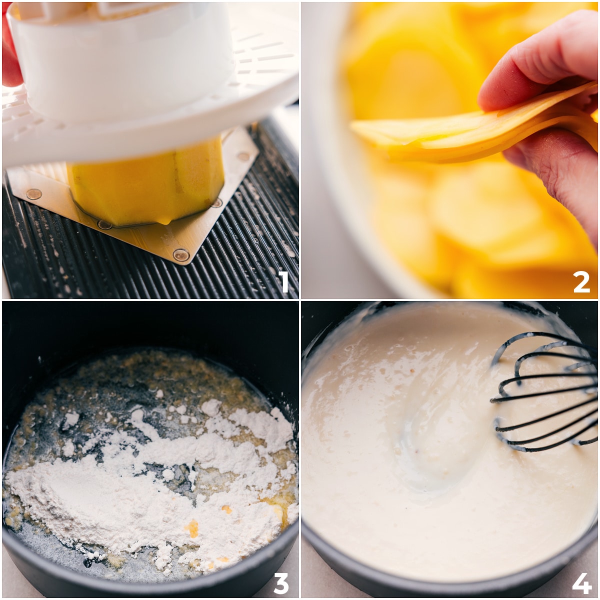 How To Make Au Gratin Potatoes Thinly sliced potatoes and a creamy sauce are being prepped for these au gratin potatoes.