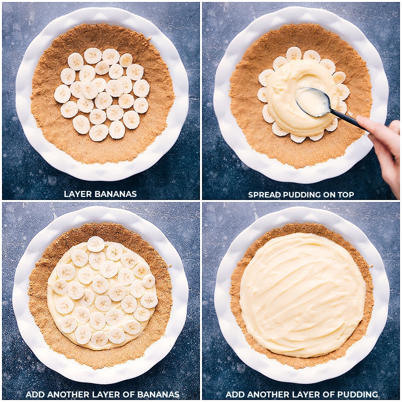 Everyone's favorite Banana Cream Pie! A buttery graham cracker crust is filled with a creamy banana custard and finished off with sweetened whipped cream. Recipe via chelseasmessyapron #dessert #best #quick #easy #simple #treat #thanksgiving #familyfriendly #bananacream #pie Process shots: layer bananad and spread pudding over; repeat the layers