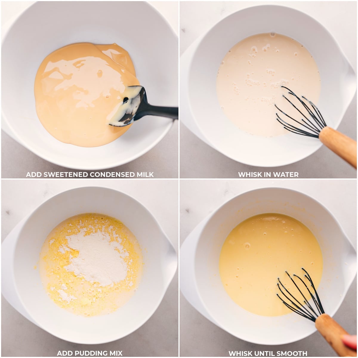 Mixing Sweetened Condensed Milk and Pudding Mix Sweetened condensed milk being added, followed by whisking in water, and then adding the pudding mix and whisking until smooth, the initial steps in preparing this easy banana pudding recipe.