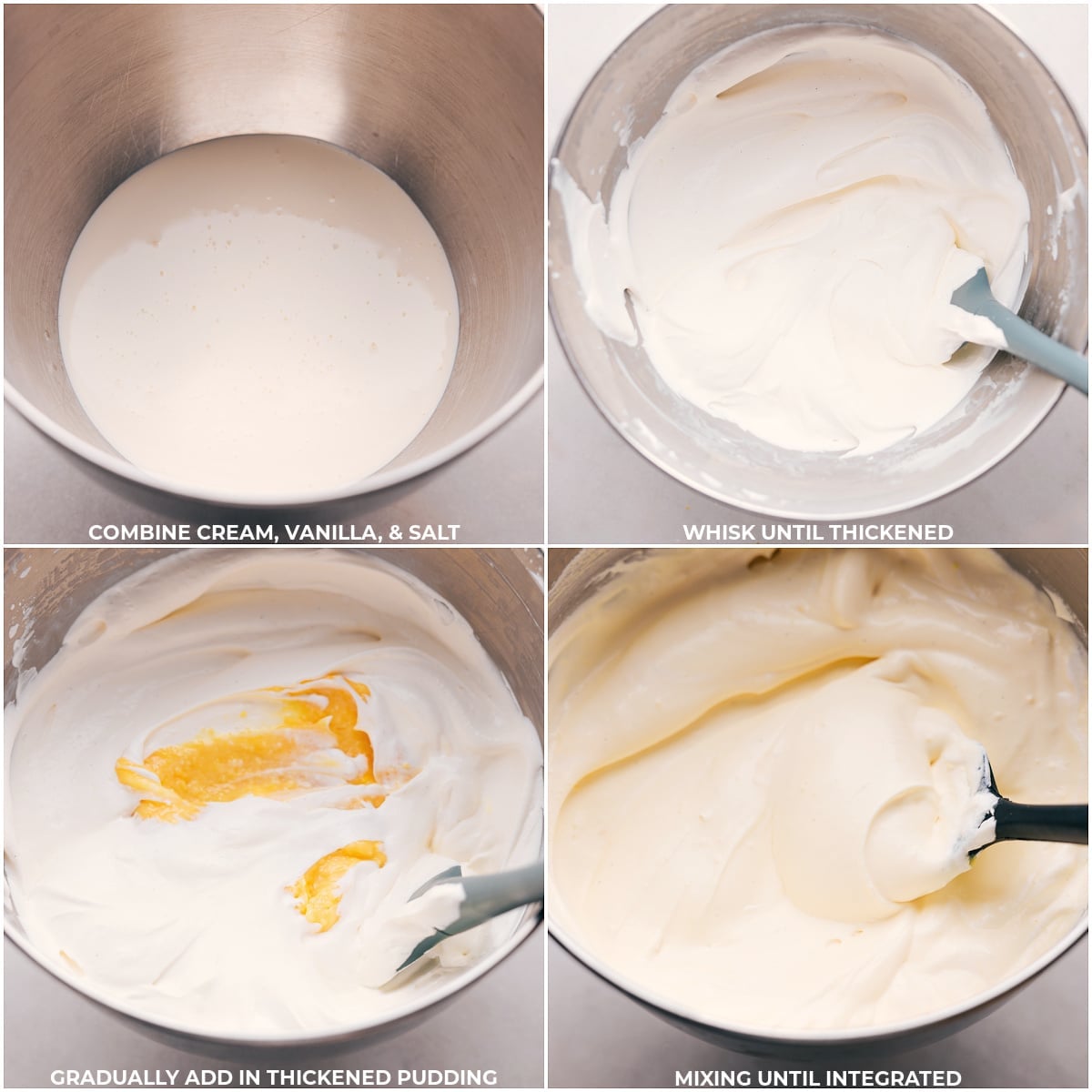 Whisking Cream, Vanilla, and Salt for Banana Pudding In a separate bowl, cream, vanilla, and salt being whisked until thickened, followed by gradually adding the thickened pudding and mixing until fully integrated, creating a creamy base for this dessert.