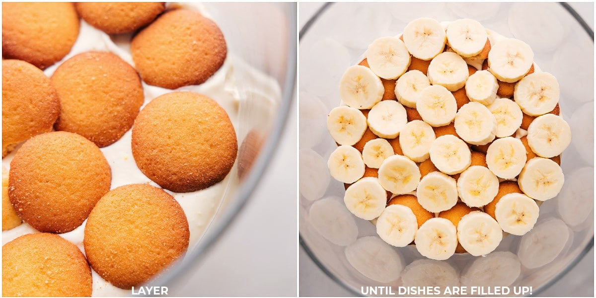 Layering Banana Pudding with Cookies and Sliced Bananas Begin layering with adding the pudding, followed by vanilla cookies and sliced bananas, then repeating these steps to create the gorgeous and delicious banana pudding recipes.