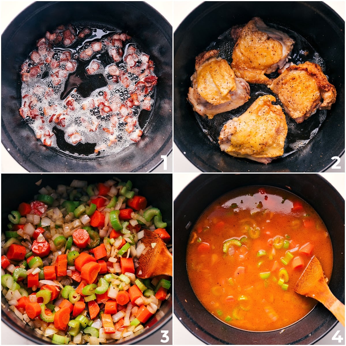 How To Make Chicken Stew Bacon sizzling in the pot, followed by chicken searing in the leftover bacon grease, then veggies being sautรฉed and broth added to build flavor for this Chicken Stew Recipe.