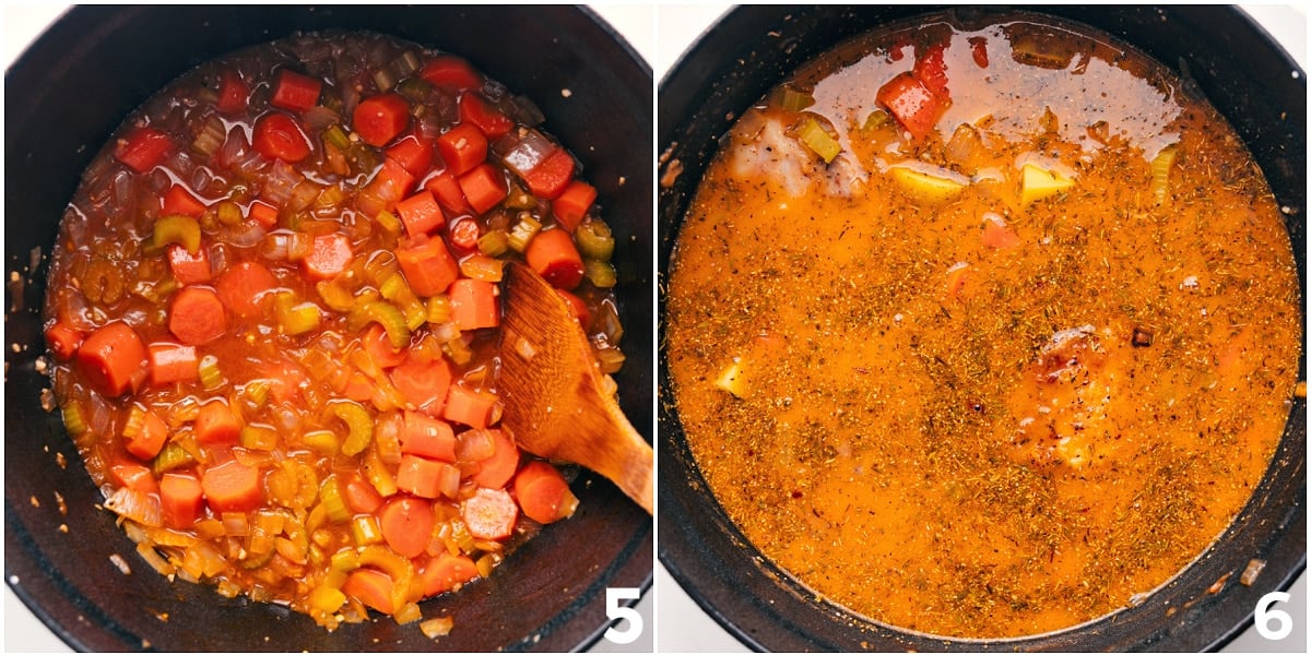 This Chicken Stew Recipe Is A Total Crowd Pleaser The stew simmering to create a rich, flavorful base before adding the remaining ingredients to the pot.