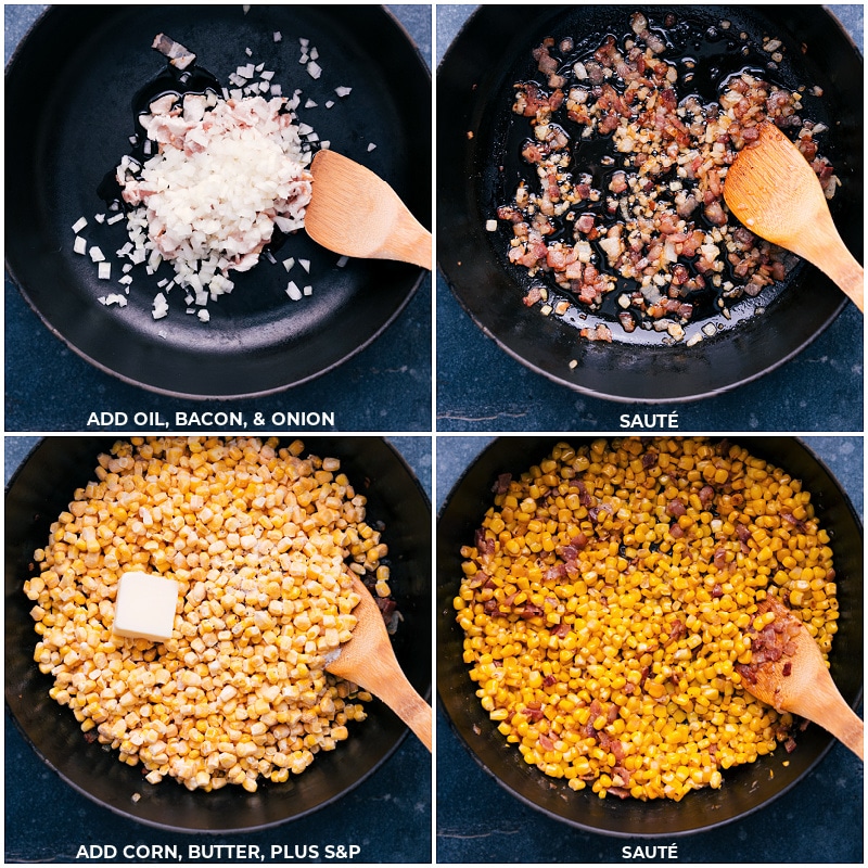 This Creamed Corn recipe complete with loads of sweet corn, smoky bacon, and the best savory Parmesan cream sauce. Recipe via chelseasmessyapron #sidedish #thanksgiving #best #familyfriendly #comfortfood #creamy #creamed #corn Process shots-- images of the oil, bacon, onion, corn, and butter being cooked together