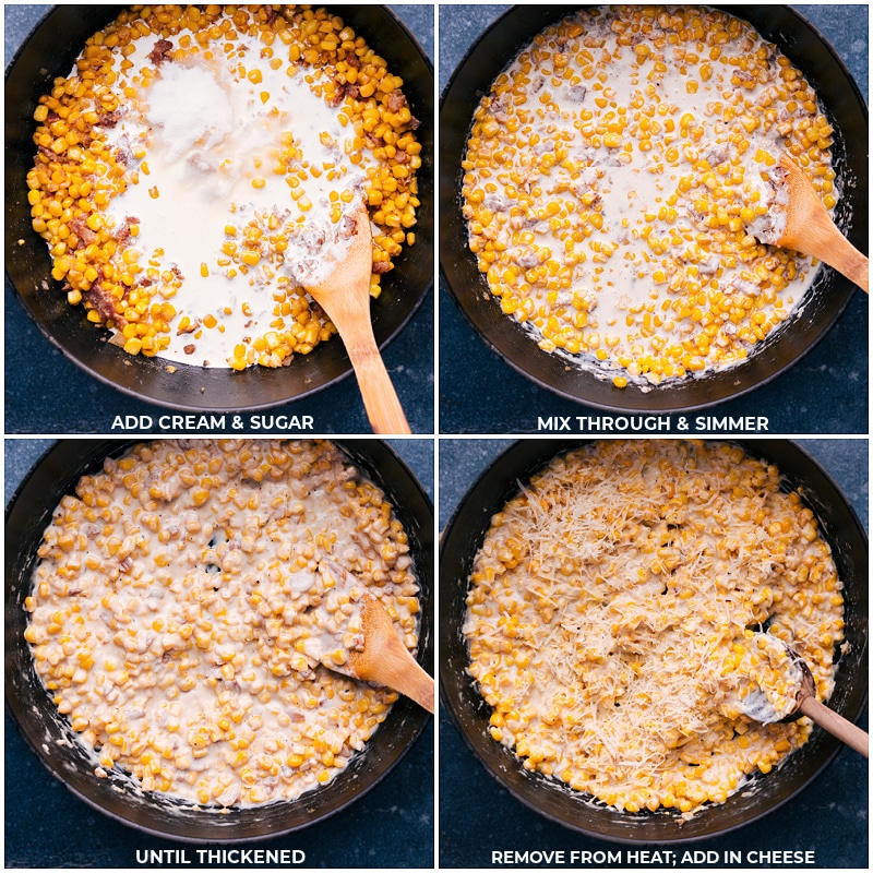 Creamed Corn recipe complete with loads of sweet corn, smoky bacon, and the best savory Parmesan cream sauce. Recipe via chelseasmessyapron #sidedish #thanksgiving #best #familyfriendly #comfortfood #creamy #creamed #corn Process shots-- images of the cream, sugar, and cheese being added to the pot