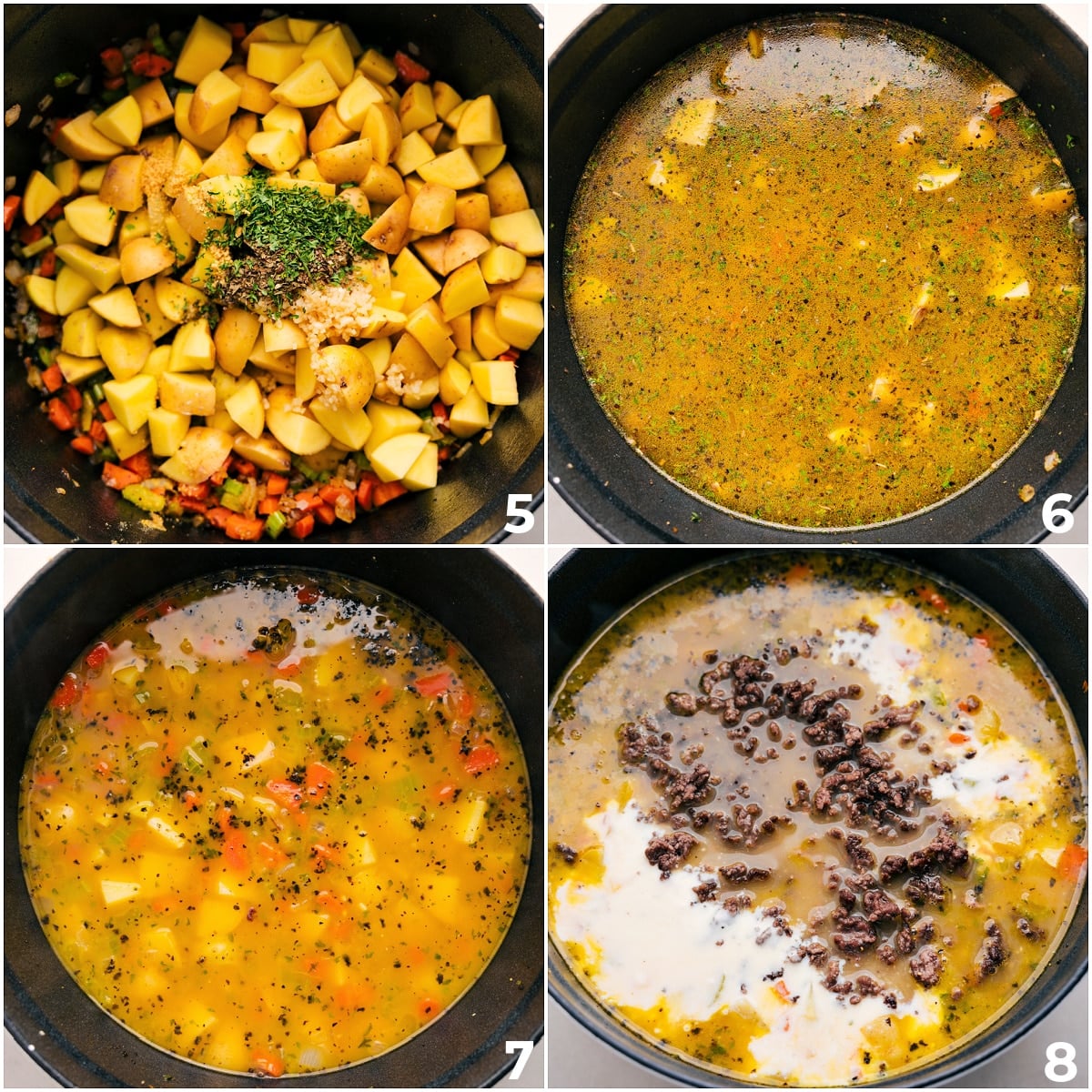 One Pot, Easy, Cheeseburger Soup Recipe Add the potatoes, seasonings, garlic, broth, milk, cream, and beef to the pot and cook.