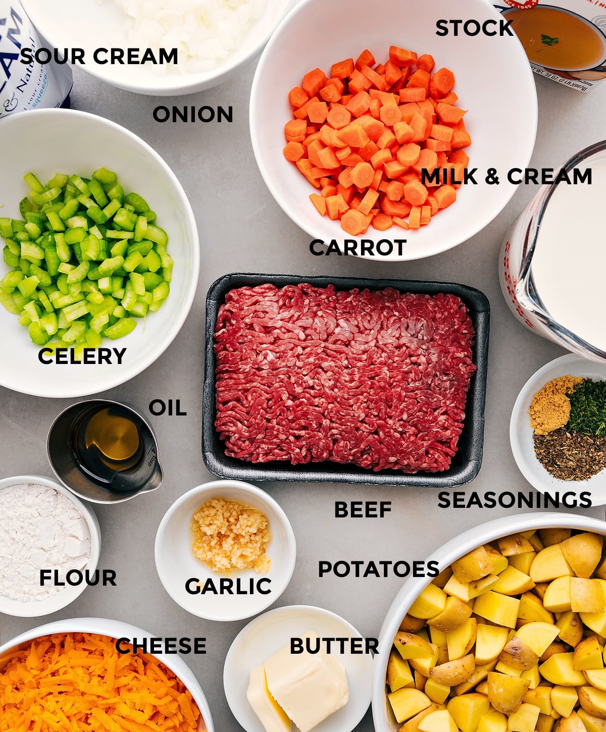 Ingredients In Cheeseburger Soup All the ingredients in this recipe including beef, seasonings, milk, cream, veggies, cheese, flour, and oil prepped out for easy assembly.