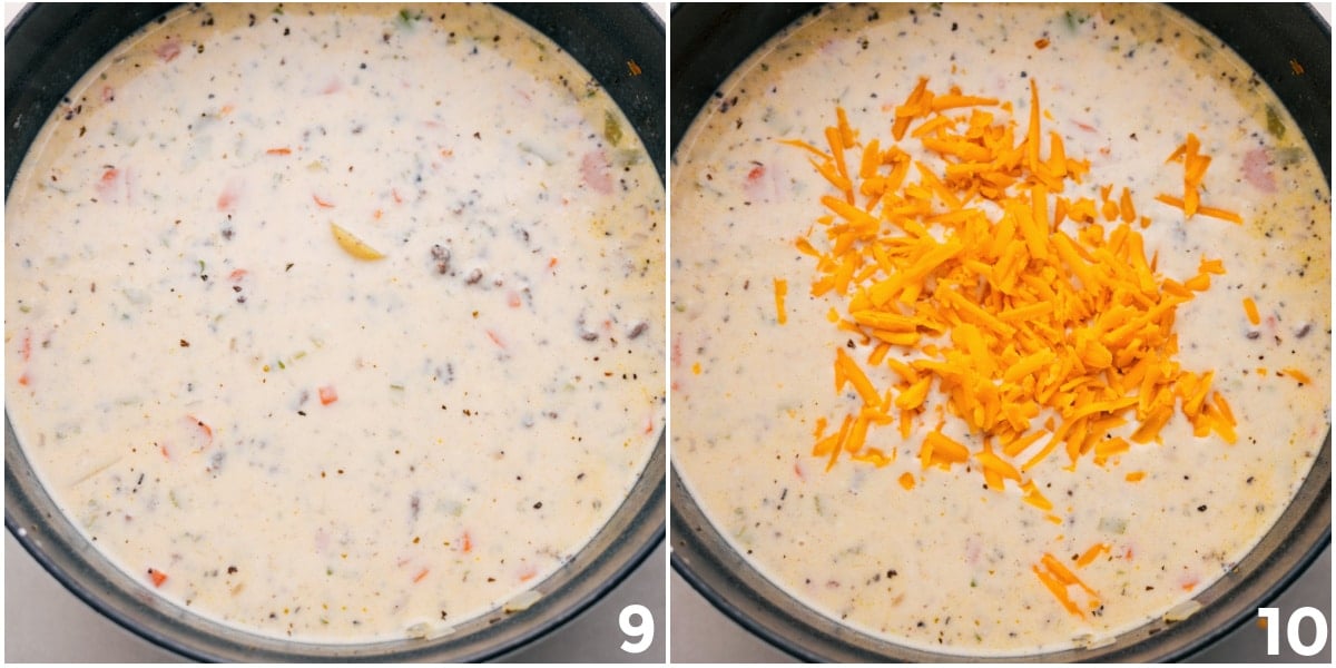 Cheesy And Creamy Cheeseburger Soup Cheese being added to the pot.
