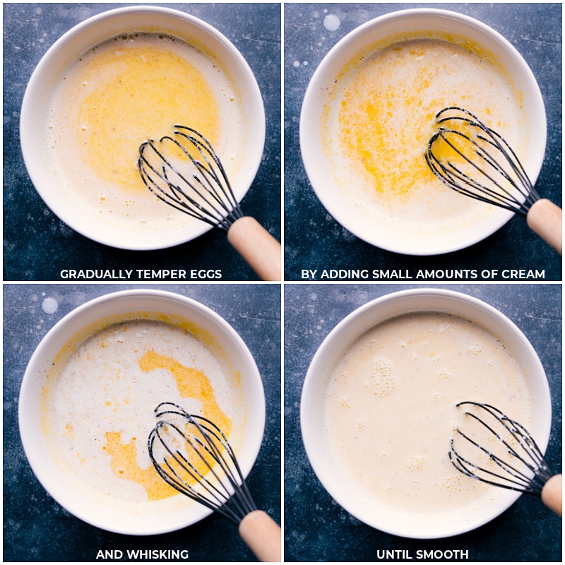 The absolute best Eggnog recipe combines milk and cream with egg yolks, sugar, nutmeg, and vanilla extract to create an irresistible holiday beverage. Recipe via chelseasmessyapron #christmas #holiday #holidaydrink #christmasdrink #treat #eggnog Process shots of making Eggnog-- images of the eggs and cream mixture being mixed together