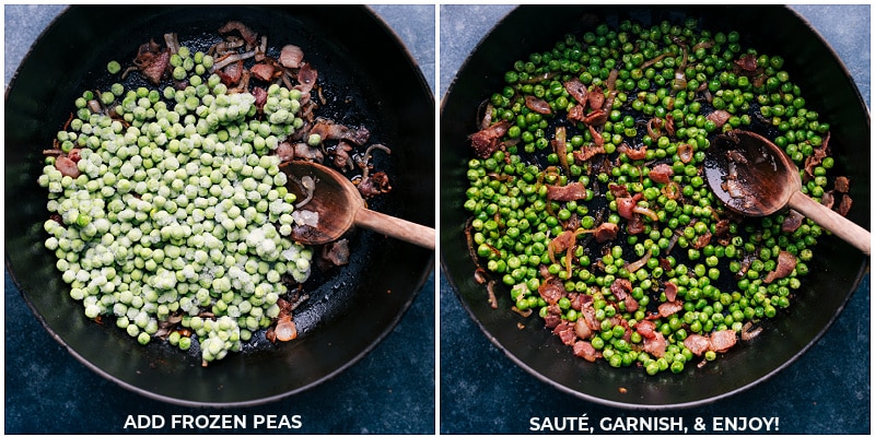 This delicious Frozen Peas recipe is a total show-stopper! With crisp bacon, caramelized shallots, and a touch of garlic--you'll never want frozen peas any other way! Recipe via chelseasmessyapron #sidedish #best #quick #easy #simple #bacon #frozenpeas #recipe Process shots-- images of the frozen peas being added to the pot and it all being cooked together