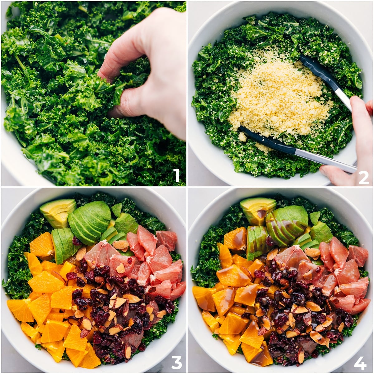 How To Make Grapefruit Salad Kale, couscous, nuts, and fruit being added to a bowl and it all being dressed.