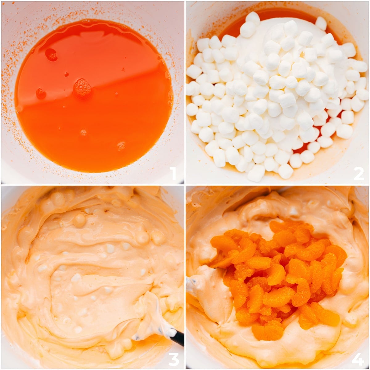 How To Make Orange Fluff Salad The orange jell-o, cool whip, and marshmallows being added to a bowl along with the mandarin oranges for this orange fluff salad.