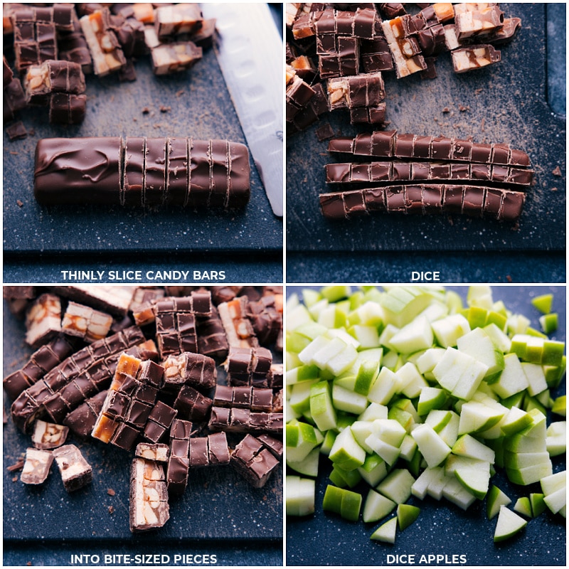 Snickers Salad is the best! Yes--it's not really a "salad," but a fun dessert! Recipe via chelseasmessyapron #dessert #best #quick #easy #simple #familyfriendly #thanksgiving #treat #snickers #salad Process shots of Snickers Salad-- images of the candy bars and apples being chopped
