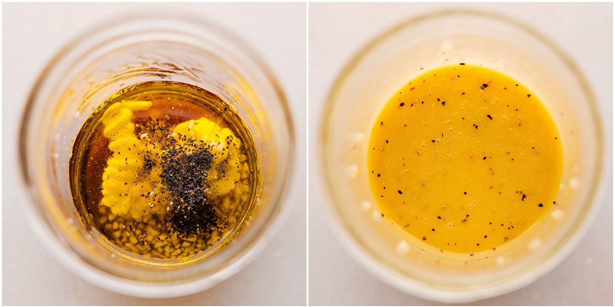 The Best Dressing Being Mixed Together The dressing mixed in a mason jar for this winter salad recipe.