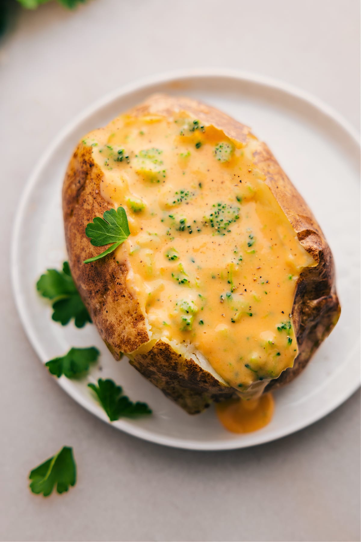 The Best Broccoli And Cheese Baked Potatoes Serve Broccoli and Cheese Baked Potatoes on a plate, ready to enjoy.