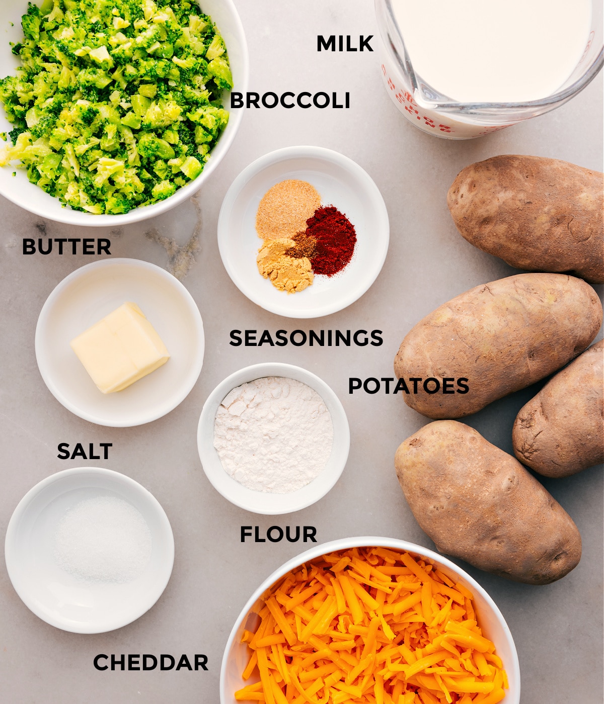 Ingredients In Broccoli And Cheese Baked Potatoes Prep all the ingredientsโveggies, seasonings, butter, flour, milk, and cheeseโfor easy assembly.